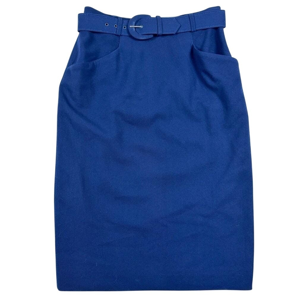 Vintage YL Collection Navy Blue Belted‎ High Waist Pencil Skirt Women's 8 Wool